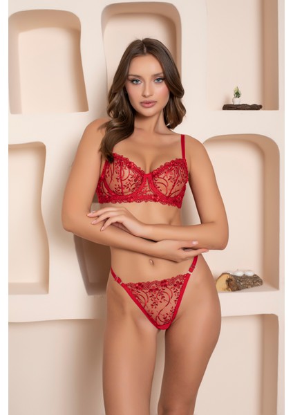 Süsen Lingerie Kırmızı Renkli B Kap Balenli Sütyen Takın, Kadın Fantezi Sütyen Takım