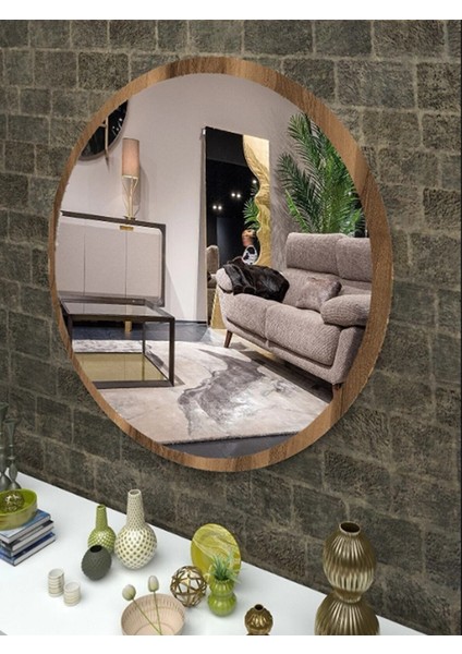 Koyu Ceviz Dekoratif Yuvarlak Antre Hol Koridor Duvar Salon Mutfak Banyo Wc Ofis Aynası 59 cm fiyatları