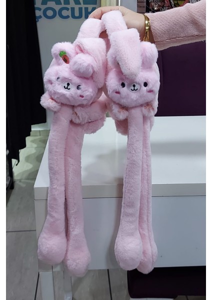 Peluş Hareketli Oynar Kulaklı Çocuk Kulak Isıtıcı Koruyucu Tavşan Kulaklık - Açık Pembe