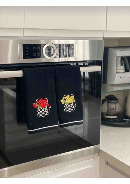 Damalı Demlik Siyah Havlu 2'li