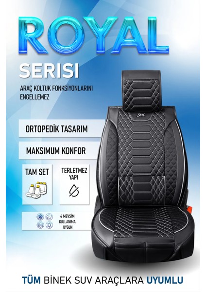 Ssanyoung Actyon Sports Uyumlu Lüks Deri Oto Koltuk Kılıfı Ön Arka Set Siyah Beyaz Marjinal Series Fs