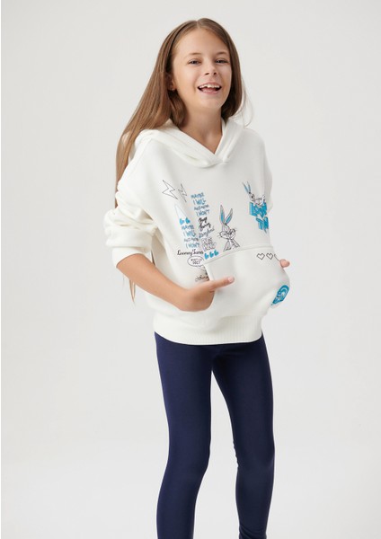 Bugs Bunny Baskılı Kapüşonlu Beyaz Sweatshirt 7S10008-80194
