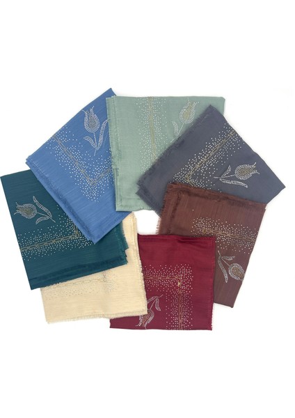 Taş Işlemeli Flamlı 7'li Set Yazma Gül Desenli Hediyelik Eşarp 100X100CM Dağıtmalık Toptan