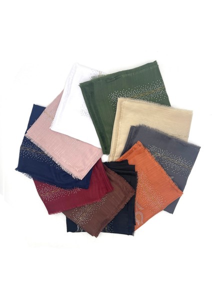 Taş Işlemeli Flamlı 10'lu Set Yazma Gül Desenli Hediyelik Eşarp 100X100CM Dağıtmalık Toptan