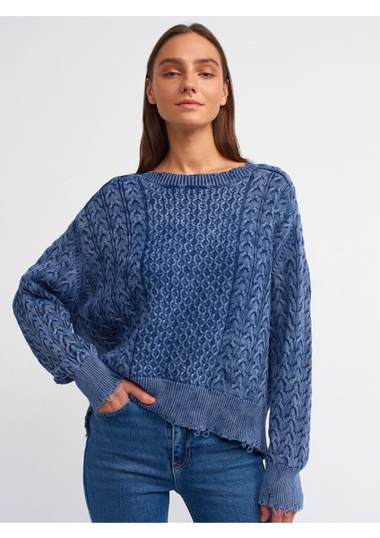10477 Soluk Efektli Bisiklet Yaka Kazak-Indigo