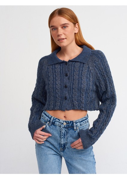 60203 Polo Yaka Düğmeli Simli Crop Triko Hırka-Indigo-S.