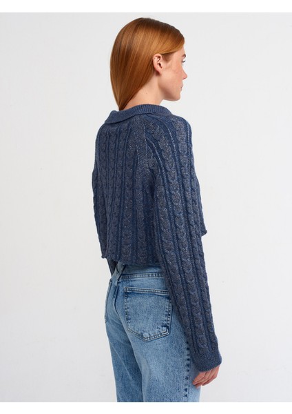 60203 Polo Yaka Düğmeli Simli Crop Triko Hırka-Indigo-S.