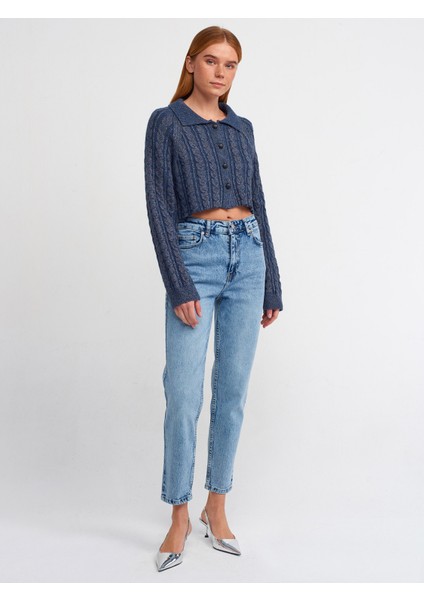 60203 Polo Yaka Düğmeli Simli Crop Triko Hırka-Indigo-S.