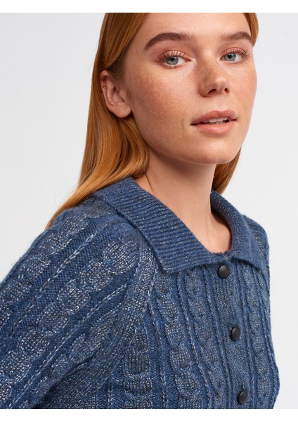 60203 Polo Yaka Düğmeli Simli Crop Triko Hırka-Indigo-S.