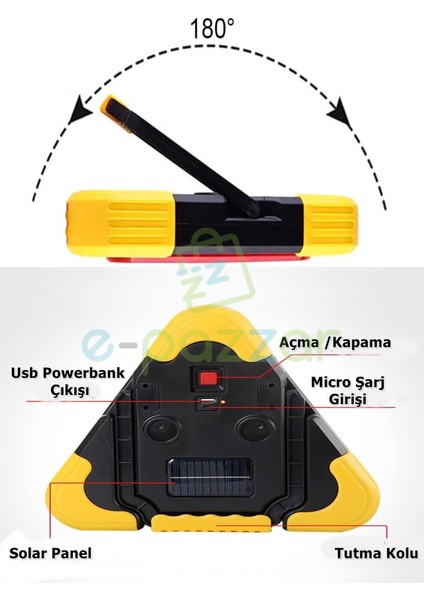 Solar Panelli 5 Mod Cob LED Araç Ikaz Işığı Flaşörlü Powerbank Özellikli 2000MAH Şarjlı Reflektör