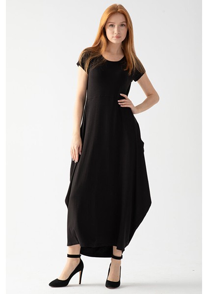 Kadın Siyah Bebe Kol Viskon Penye Şalvar Elbise