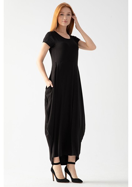 Kadın Siyah Bebe Kol Viskon Penye Şalvar Elbise modelleri