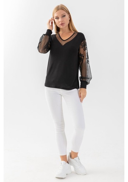 Kadın Siyah Yakası Tüllü Koları Dantelli Mevsimlik Ince Triko Buz fiyatları