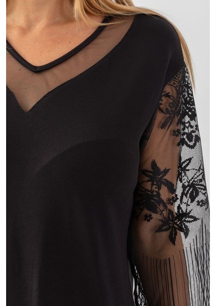 Kadın Siyah Yakası Tüllü Koları Dantelli Mevsimlik Ince Triko Buz fırsatları