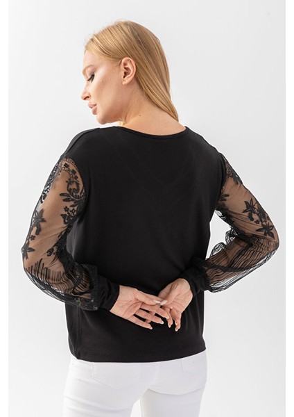 Kadın Siyah Yakası Tüllü Koları Dantelli Mevsimlik Ince Triko Buz indirimleri