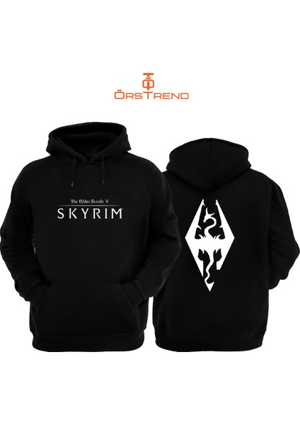 Skyrim Elder Scrolls Baskılı 3 Iplik Unisex Siyah Kapişonlu Sweatshirt