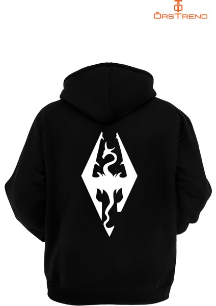 Skyrim Elder Scrolls Baskılı 3 Iplik Unisex Siyah Kapişonlu Sweatshirt