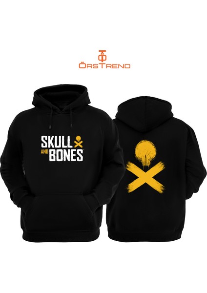 Skull & Bones Baskılı 3 Iplik Unisex Siyah Kapişonlu Sweatshirt