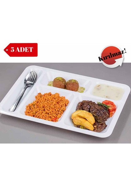 5 Adet Kırılmaz Tabldot Tabak, Self Servis, Yemekhane, Okul, 5 Bölmeli, Tabilot, Tabildot, Lokanta