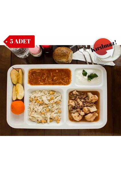 5 Adet Kırılmaz Tabldot Tabak, Self Servis, Yemekhane, Okul, 5 Bölmeli, Tabilot, Tabildot, Lokanta