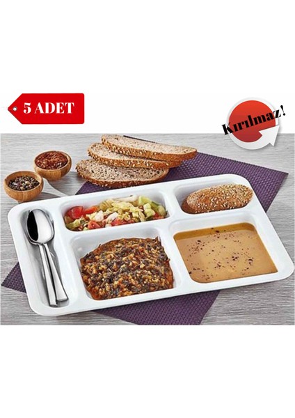 5 Adet Kırılmaz Tabldot Tabak, Self Servis, Yemekhane, Okul, 5 Bölmeli, Tabilot, Tabildot, Lokanta