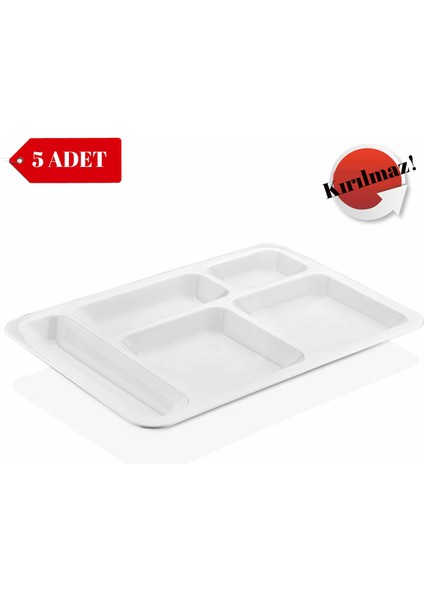 5 Adet Kırılmaz Tabldot Tabak, Self Servis, Yemekhane, Okul, 5 Bölmeli, Tabilot, Tabildot, Lokanta