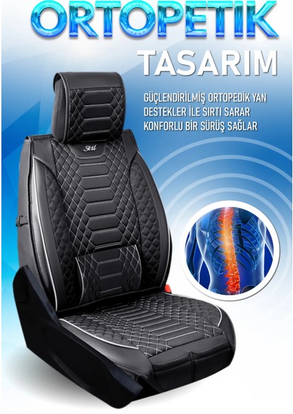 alfa Romeo 146 Uyumlu Lüks Deri Oto Koltuk Kılıfı Ön Arka Set Siyah Beyaz Marjinal Model Şhnlr