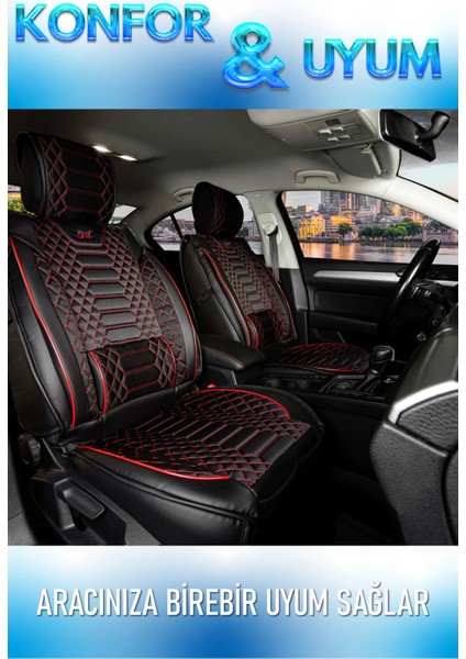 Fresh Start renault Megane 3 Uyumlu Lüks Deri Oto Koltuk Kılıfı Ön Arka Set Siyah Kırmızı Marjinal Series Fs