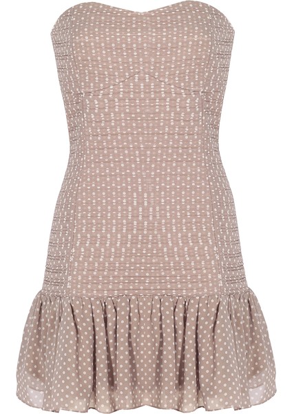 Asel Regular Fit Straplez Mini Boy Puantiye Desenli Vizon Renk Elbise