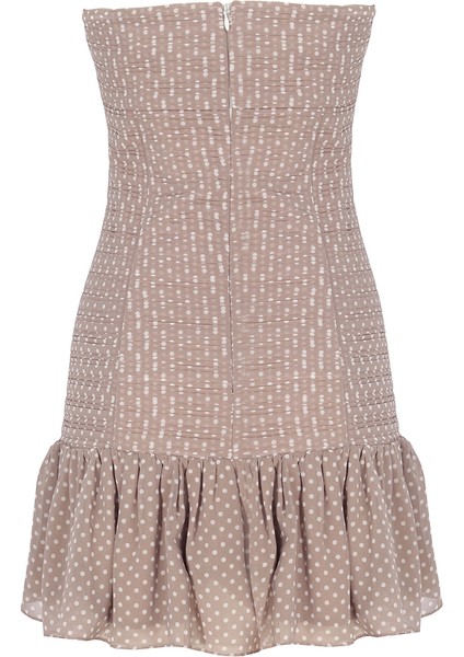 Asel Regular Fit Straplez Mini Boy Puantiye Desenli Vizon Renk Elbise