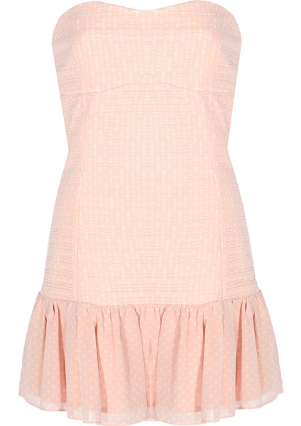 Asel Regular Fit Straplez Mini Boy Puantiye Desenli Somon Renk Elbise