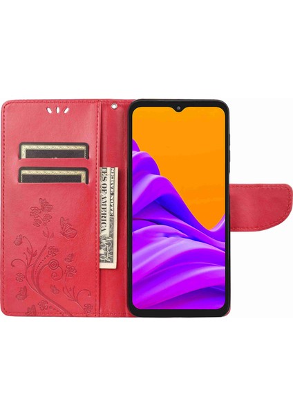 Samsung Galaxy Xcover Pro 2 Için 5g Baskı Kelebek Çiçek Pu Deri Stand Vaka Telefon Cüzdan Kapak-Kırmızı (Yurt Dışından)