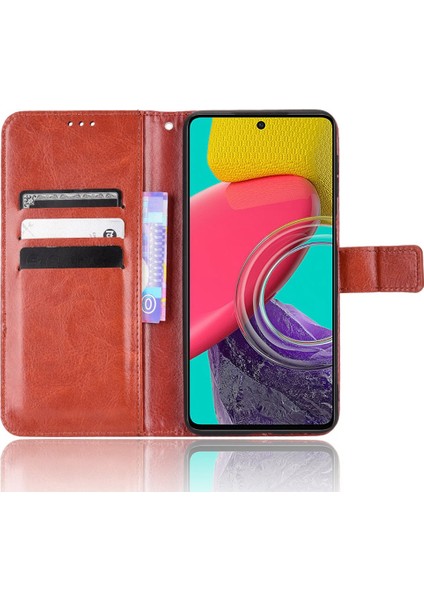 Samsung Galaxy M33 5g (Global Versiyon) Çılgın At Doku Cüzdan Flip Kapak Pu Deri Tpu Iç Kabuk Manyetik Kapanma Stand Fonksiyon Folio Kılıf Strap-Brown (Yurt Dışından)