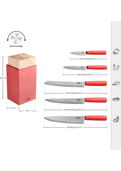 Viego 6 Parça Standlı Bıçak Seti Red