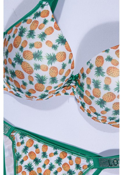 Tılsım Lingerie Kadın Ananas Baskılı Mikro Kumaş Taşlı Askılı Sütyen Takım