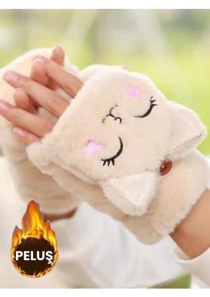 Çocuk Sevimli Kedi Yarım Parmak Kapaklı Kışlık Peluş Eldiven