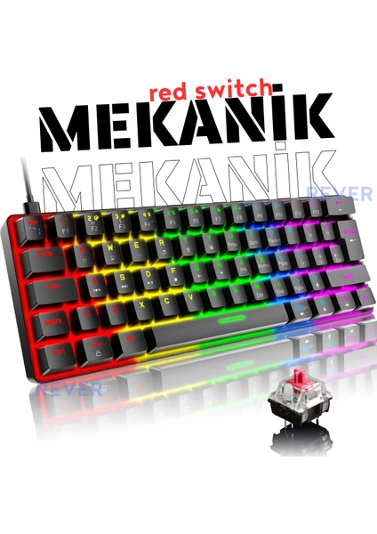 Red Switch Mekanik Mini 62 Tuşlu 19 Mod LED Işıklı Gaming Oyuncu Klavyesi Klavye T60 Red Switch