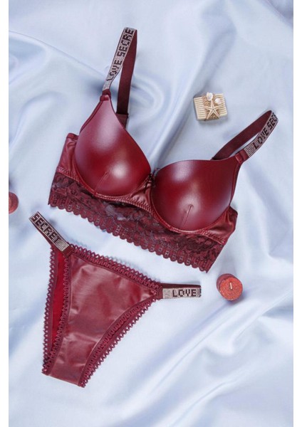 Tılsım Lingerie 3'lü Love Secret Taşlı Deri Detaylı Yarı Dolgulu Sütyen Takım