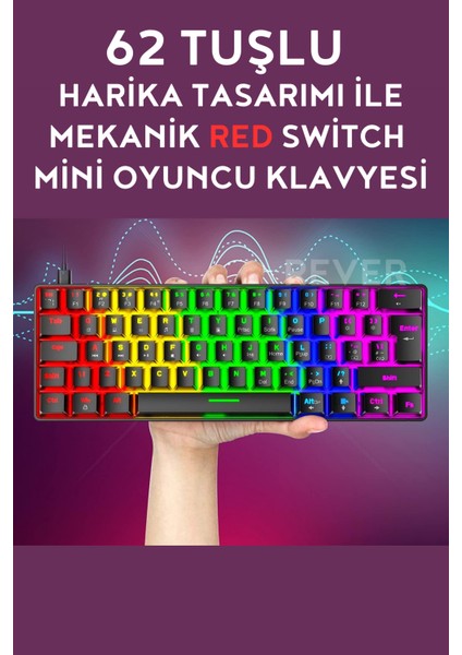 Red Switch Mekanik Mini 62 Tuşlu 19 Mod LED Işıklı Gaming Oyuncu Klavyesi Klavye T60 Red Switch