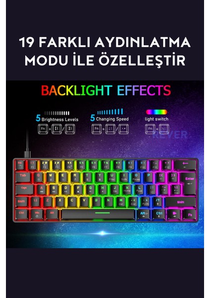 Red Switch Mekanik Mini 62 Tuşlu 19 Mod LED Işıklı Gaming Oyuncu Klavyesi Klavye T60 Red Switch