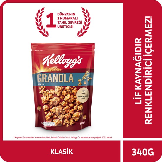 Kellogg's Granola Klasik 340 Gr; %56 Yulaf içerir; Lif Kaynağı; Kahvaltılık Gevrek