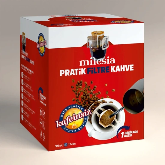 Milesia Kafeinsiz Pratik Filtre Kahve 12 x 8 gr / Drip Kahve / %100 Arabica