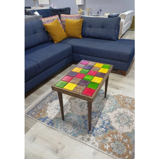 Deco Viva Decoviva Renkli Etnik Desen Ladin Doğal Ahşap Puzzle Orta Sehpa Cafe Ofis Salon Oturma Odası Balkon Sehpası