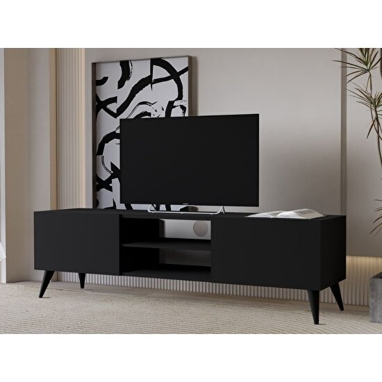 Regisan Tv Ünitesi Tv Sehpası Televizyon Sehpası Masası 140X30 cm Siyah (Siyah Konik Ayak)