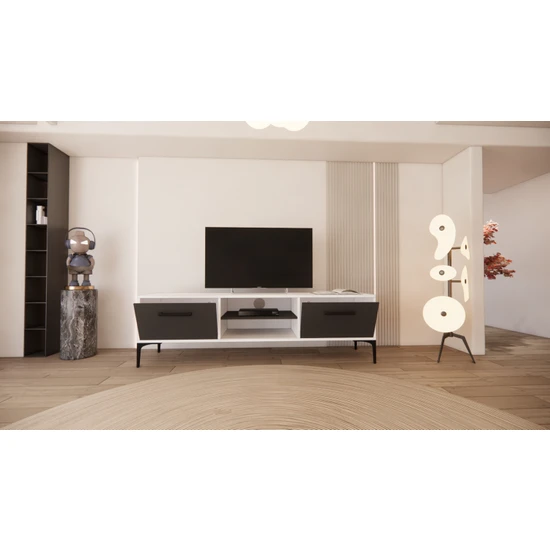 Regisan Tv Ünitesi Tv Sehpası Televizyon Sehpası Masası 140X30 cm Beyaz Antrasit