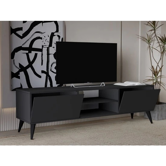 Regisan Tv Ünitesi Tv Sehpası Televizyon Sehpası Masası 140X30 cm Antrasit (Siyah Konik Ayak)