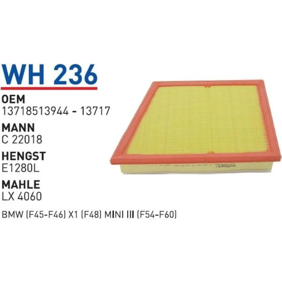 Wunder WH236 Hava Filtresi - Uyumlu Bmw (F45-F46) X1 (F48) Mını Iıı (F54-F60)