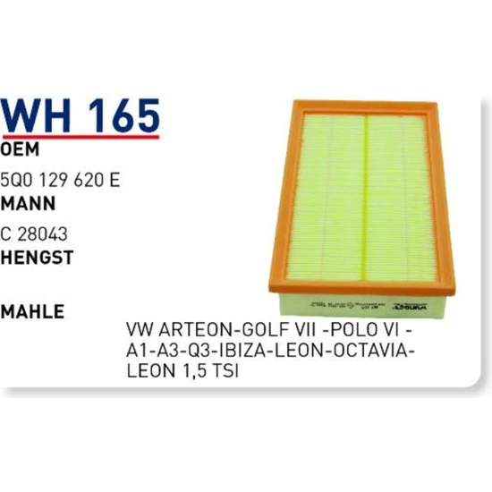 Wunder WH165 Hava Filtresi - Vw Arteon-Golf Vıı -Polo Vı -A1-A3-Q3-Ibıza-Leon-Octavia-Leon 1,5 Tsı