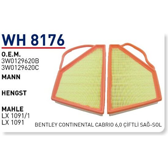 Wunder WH8176 Hava Filtresi Uyumlu - Bentley Continental Cabrio 6,0 Çiftli Sağ Sol