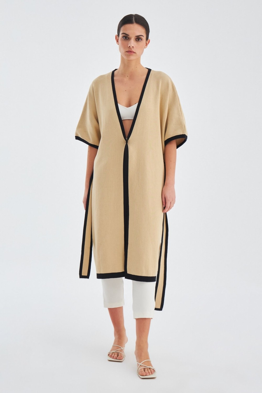 Peraluna SOHO Kısa Kollu %100 Pamuk Kadın Triko Kimono - Siyah/Ekru görsel 6